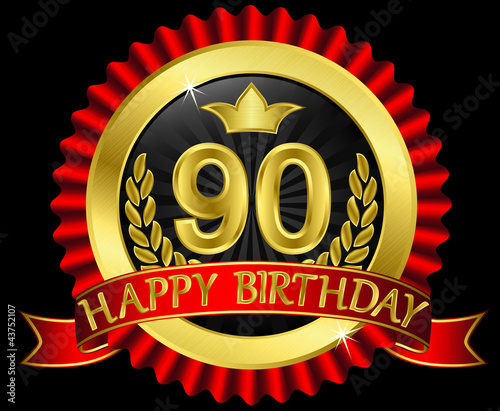 90 years happy birthday golden label with ribbons