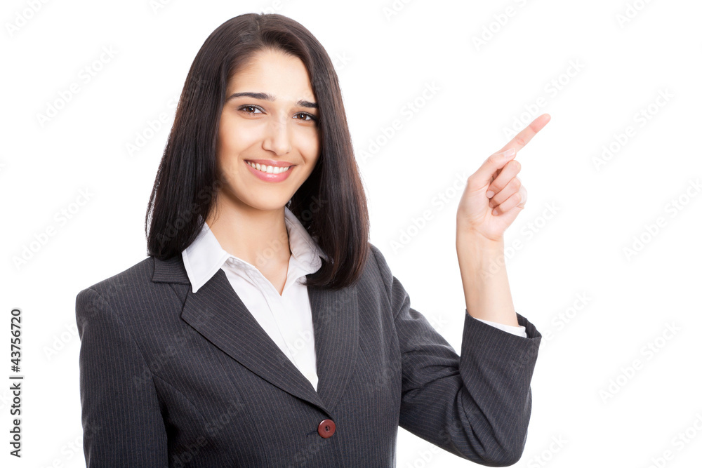 Business woman pointing at white background Business woman pointing at white background