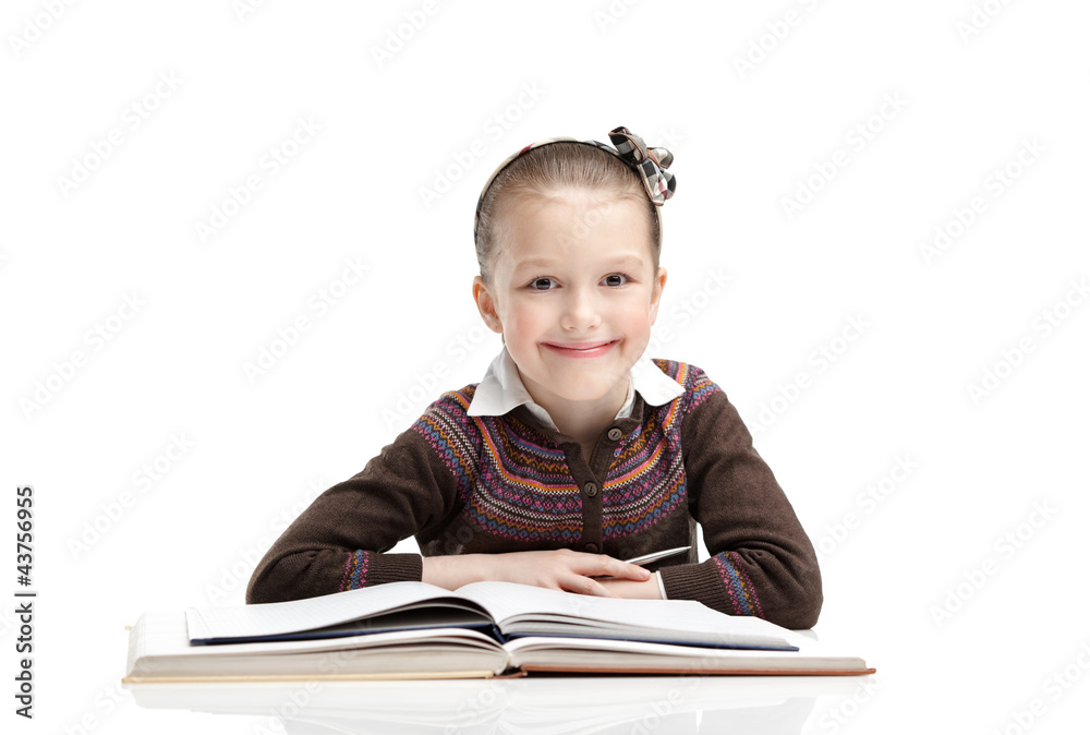 Little pupil likes to study, isolated, white background Little pupil likes to study, isolated, white background