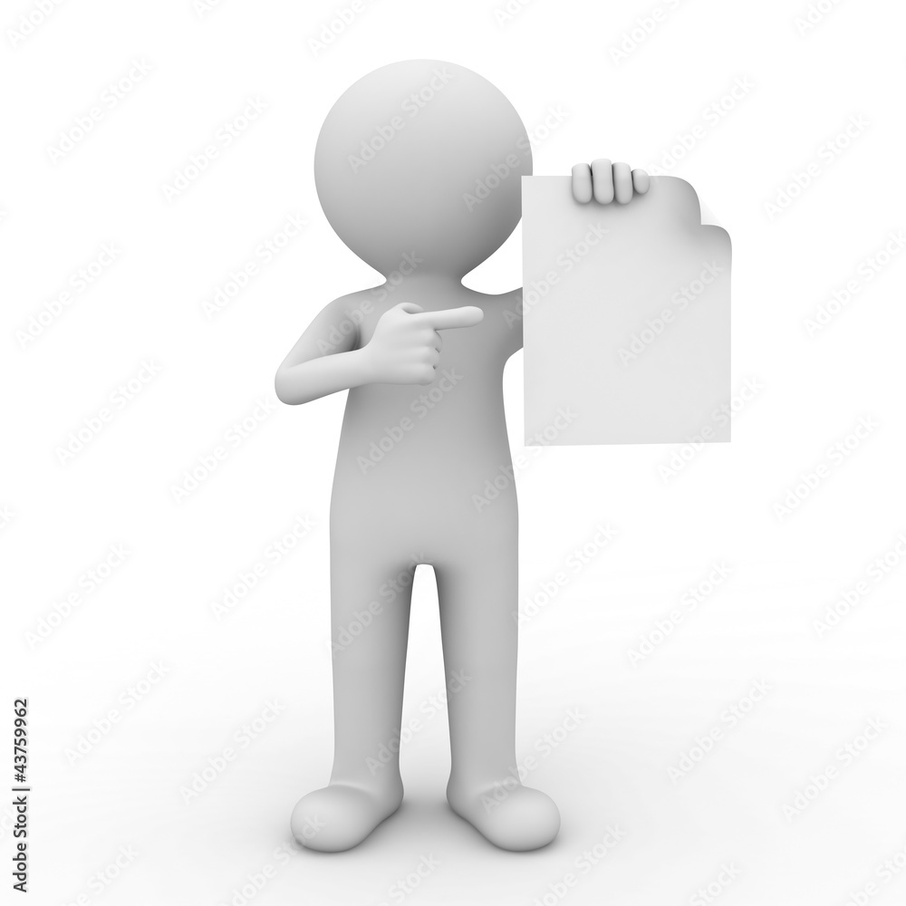 3d man showing blank paper and pointing finger at it 3d man showing blank paper and pointing finger at it
