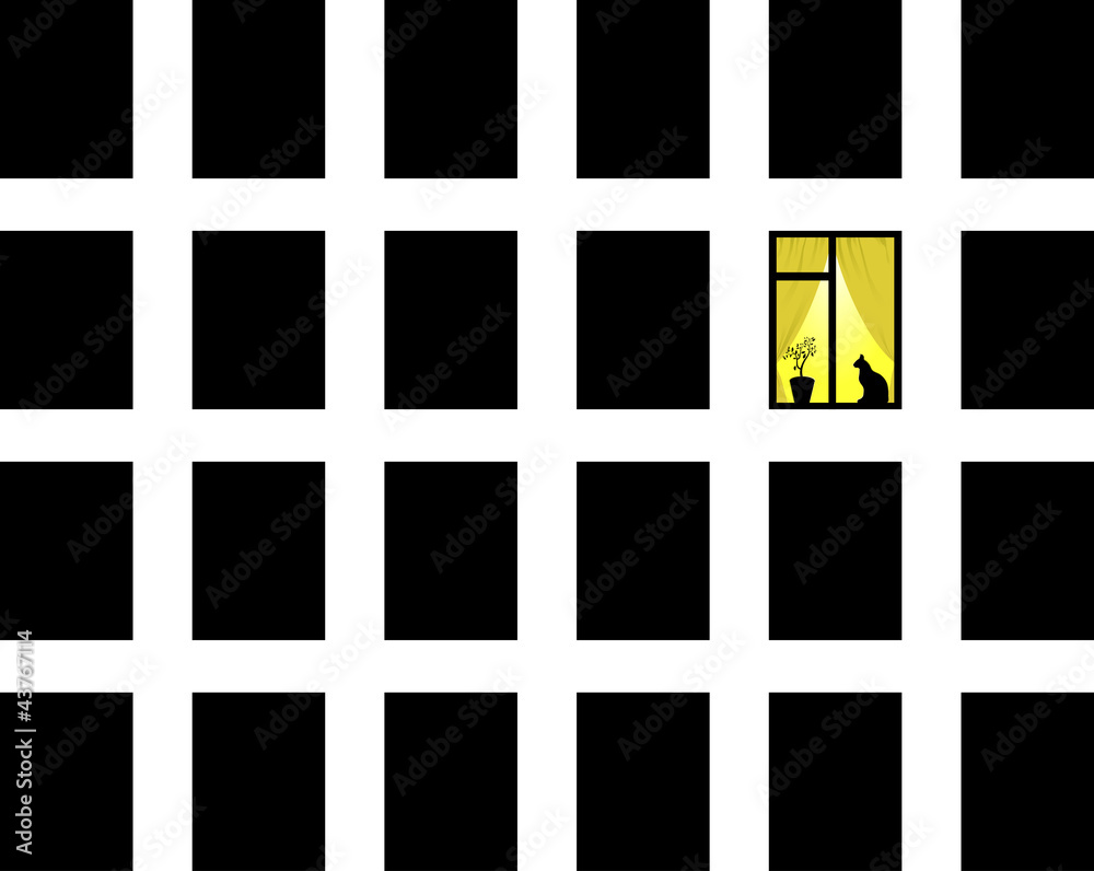 One window with yellow light among black windows One window with yellow light among black windows