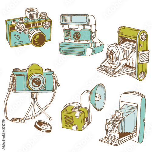 Set of Photo Cameras - hand-drawn doodles in vector