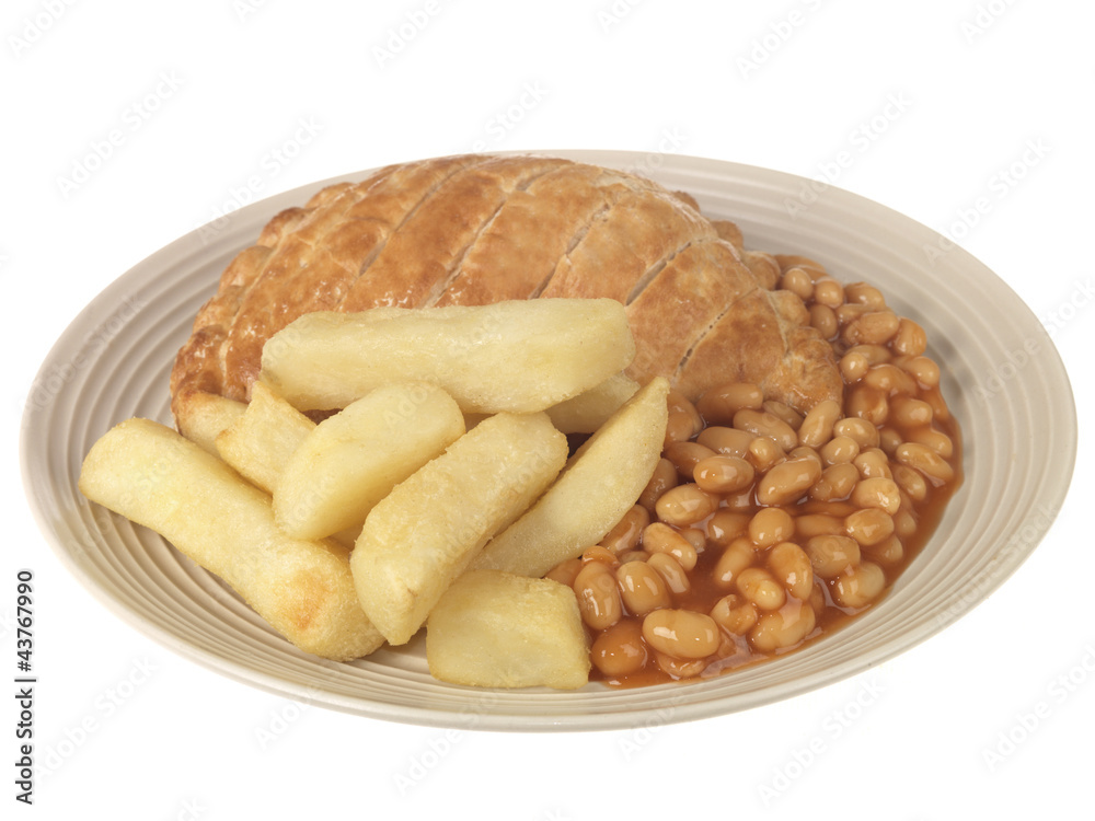 Fototapeta premium Cornish Pasty with Chips and Beans