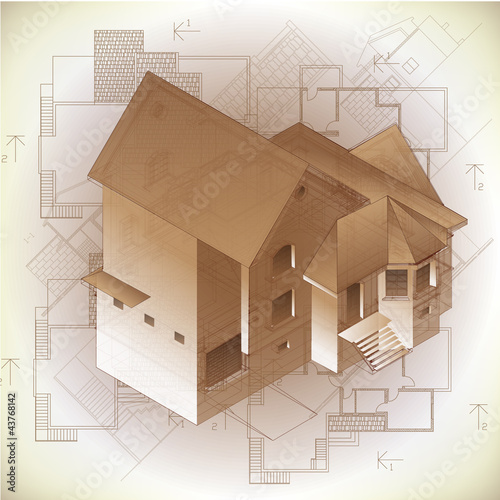 Architectural background with a 3D building model