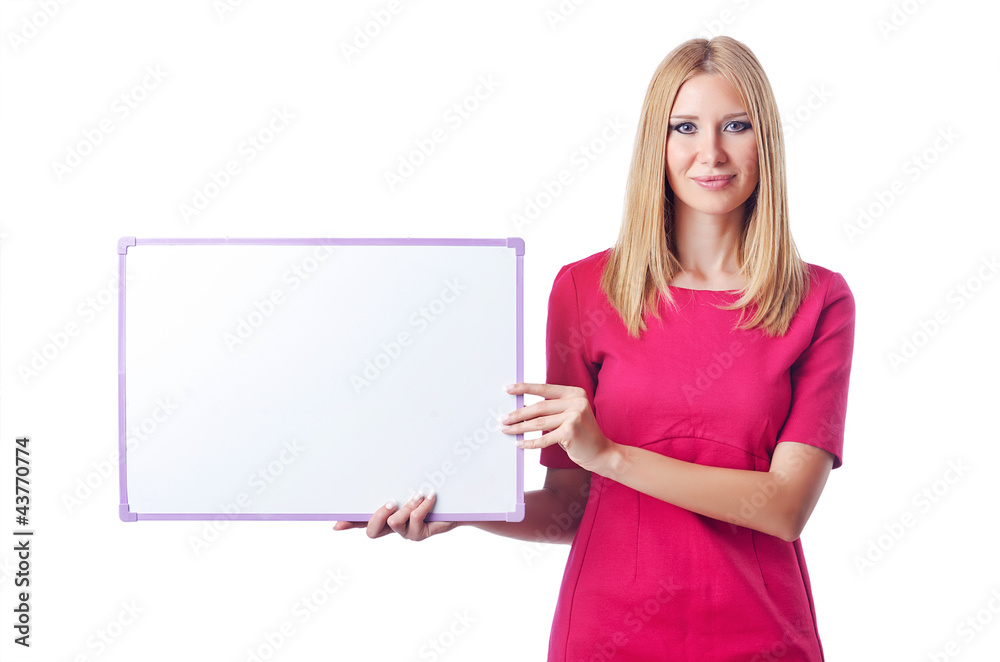 Girl with blank board on white Girl with blank board on white