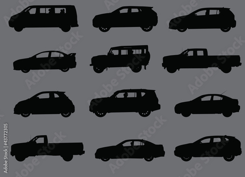 Various city cars silhouettes isolated on grey background.