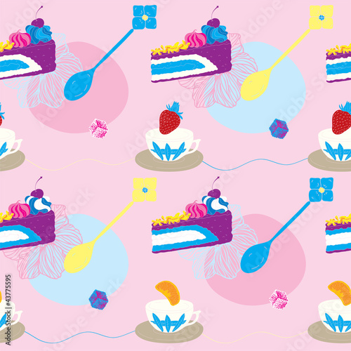 Cakes Seamless Pattern With Coffee Cups and Fruits