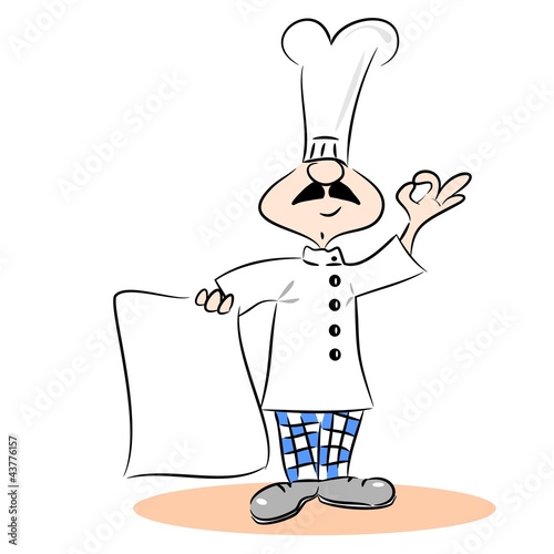 A proud cartoon chef holding a blank menu recipe with copy space