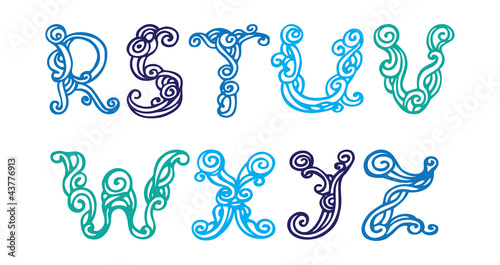 Swirly hand drawn font. Vector letters set R-Z