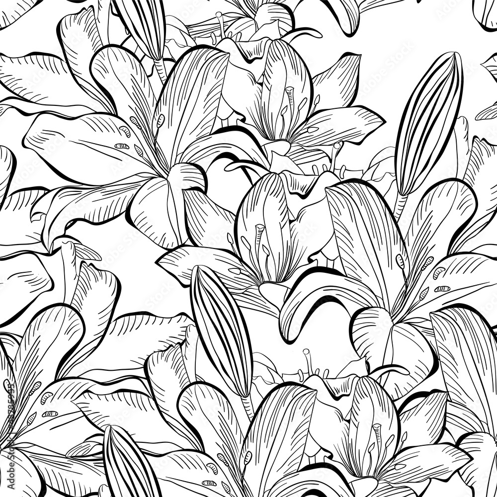 Fototapeta Seamless pattern with white lily flowers