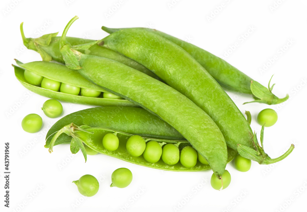 fresh pea fruit with green leaf isolated on white background fresh pea fruit with green leaf isolated on white background