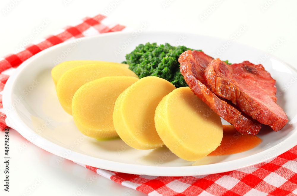 Smoked pork neck with potato dumplings and spinach Smoked pork neck with potato dumplings and spinach