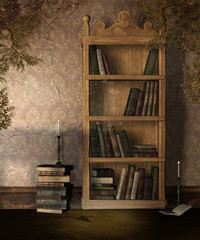 Wandcirkels Bibliotheek Antiek boekenrek met versleten banden  © Obsidian Fantasy