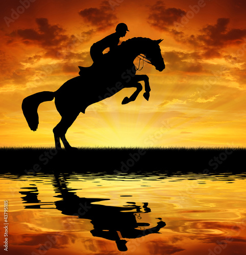 silhouette of a rider on a jumping horse