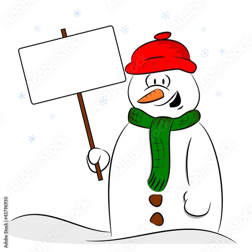 A cartoon snowman holding a sign post with copy space