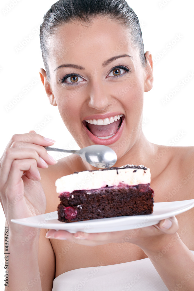 excited woman eating tasty cakes excited woman eating tasty cakes