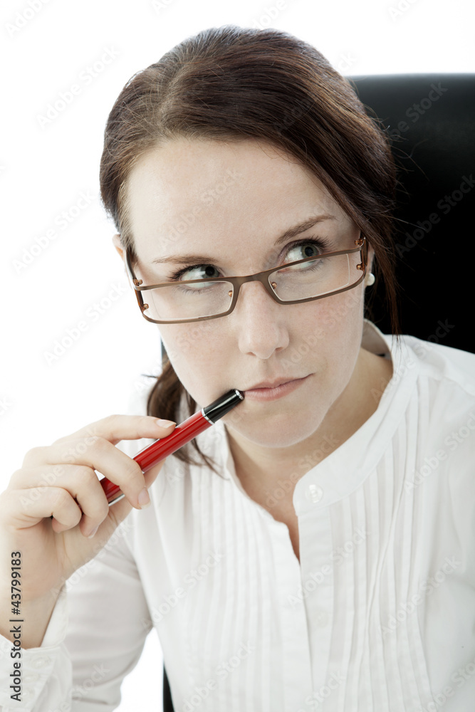 young brunette business woman with glasses with pen thinking young brunette business woman with glasses with pen thinking