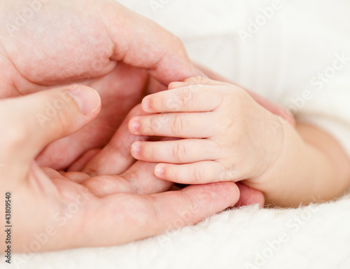 parents hands hold baby's hand