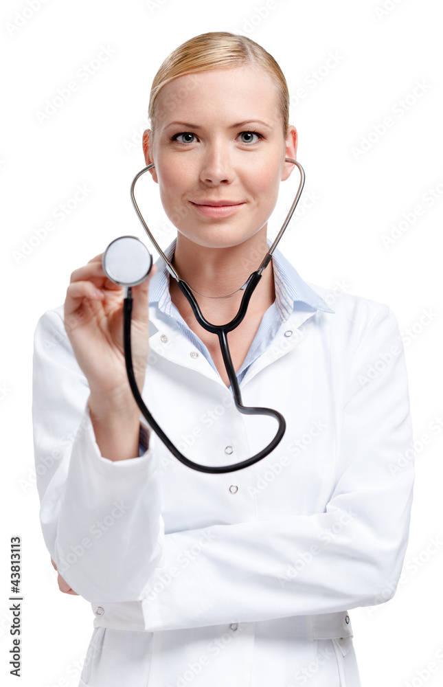 Female doctor with stethoscope, isolated on white