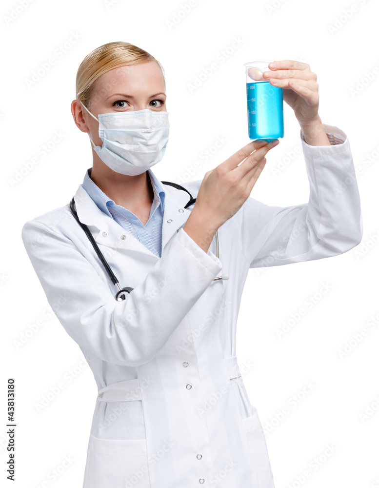 Female practitioner hands a beaker, isolated on white Female practitioner hands a beaker, isolated on white