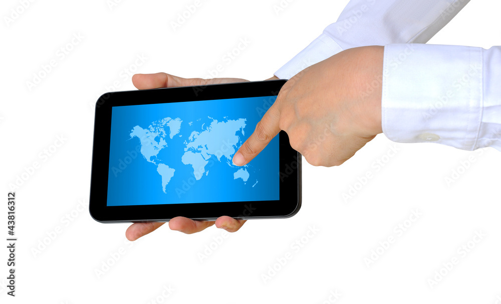 hand pushing a world map on a touch screen interface hand pushing a world map on a touch screen interface