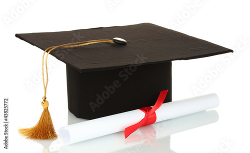 Grad hat and diploma isolated on white