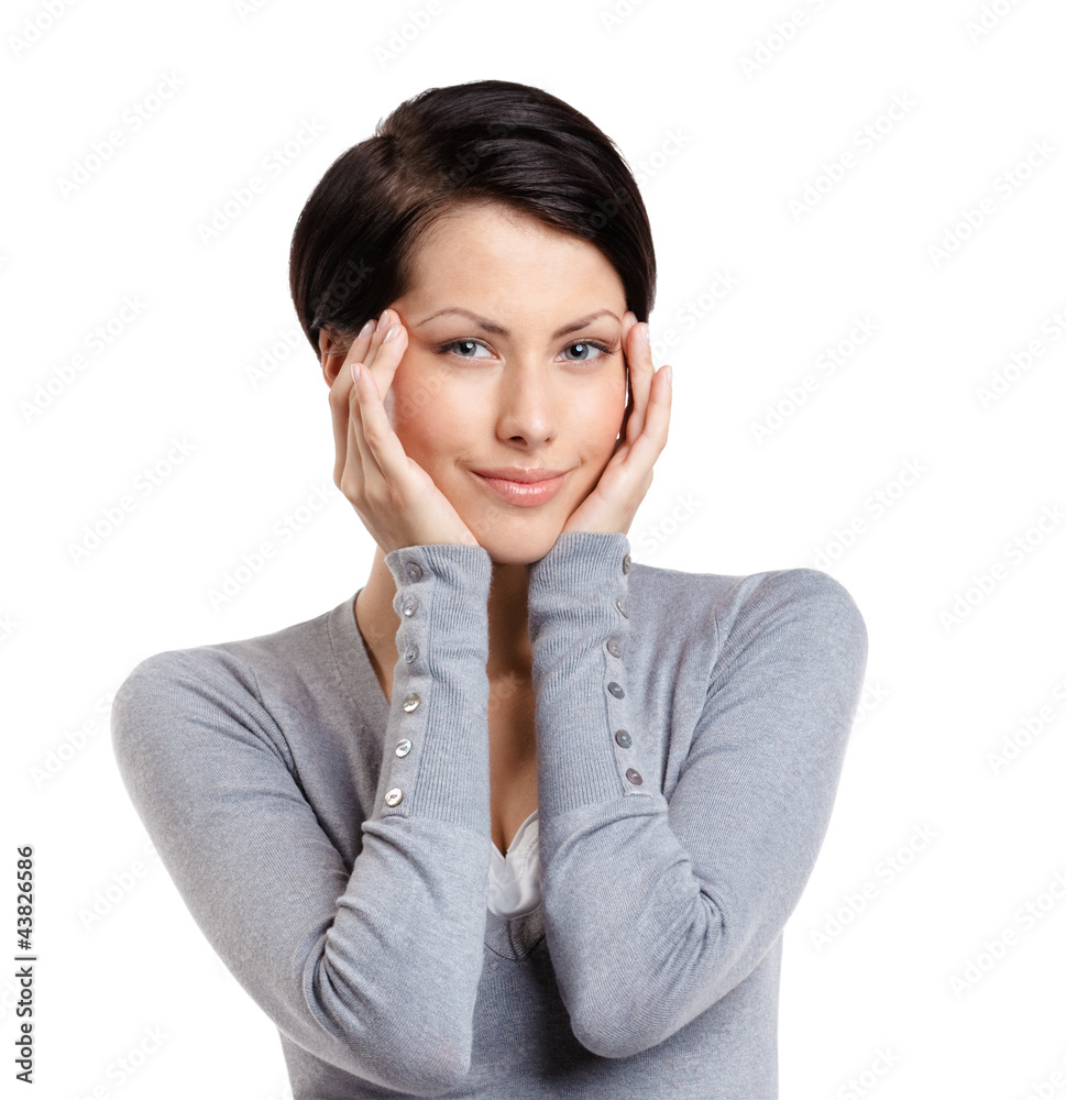 Smart woman admires her own beauty, isolated on white Smart woman admires her own beauty, isolated on white