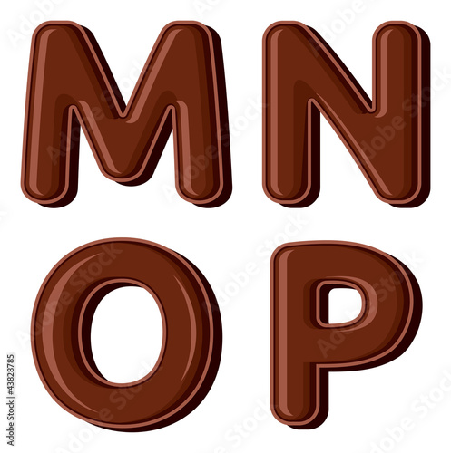 Chocolate letter M N O P isolated on white background