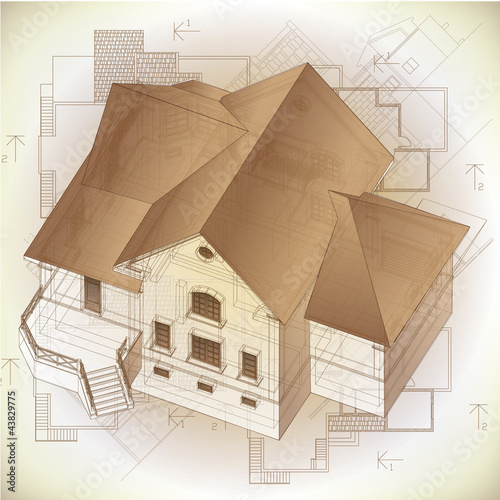 Architectural background with a 3D building model