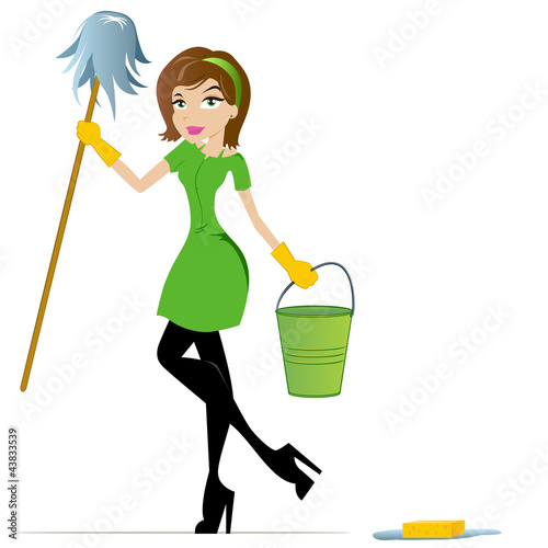 Cleaning Woman with Mop and Bucket
