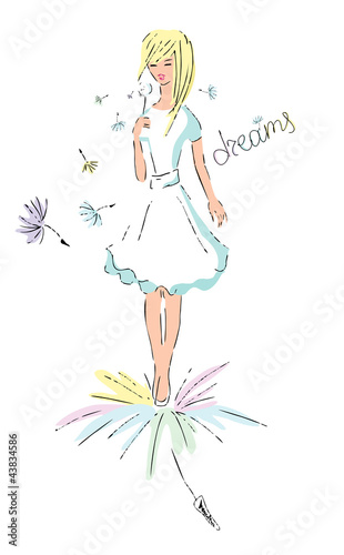 Girl with dandelion blowing on it