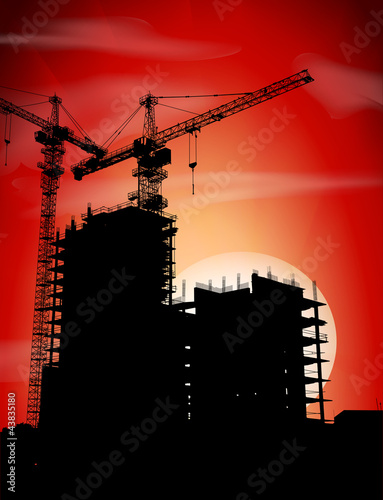 Silhouettes of two cranes on a sunset