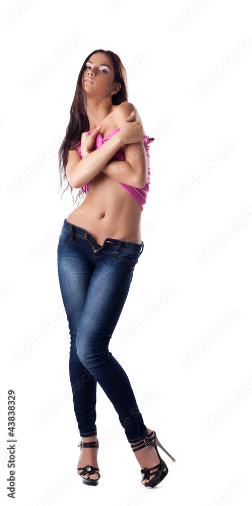 Sexy brunette woman undress rose tank top Stock Photo | Adobe Stock