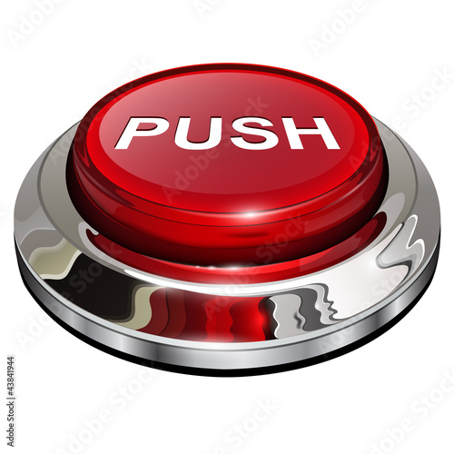Push button, 3d red glossy metallic icon, vector.