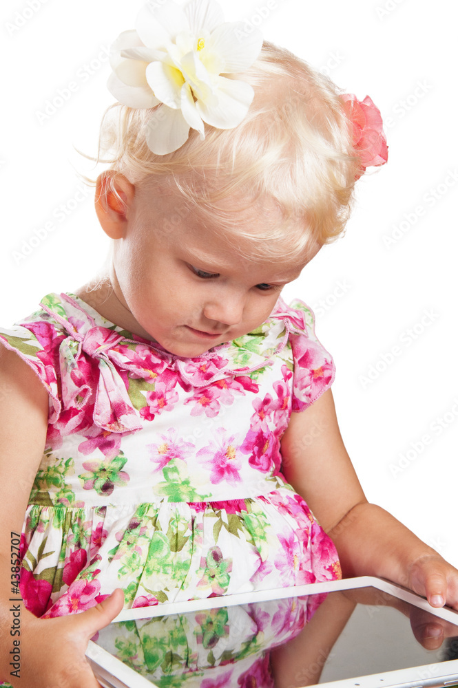 Portrait of a young girl and tablet, isolated on white Portrait of a young girl and tablet, isolated on white