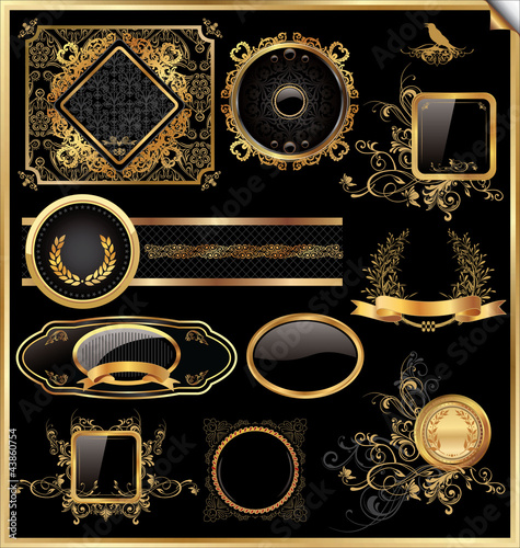 Vector set of vintage framed black and gold labels