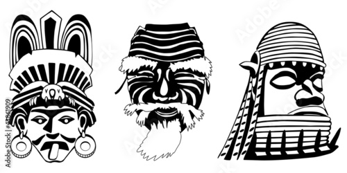 Masks, Aztec, Japanese and African, vector, easy to edit layers
