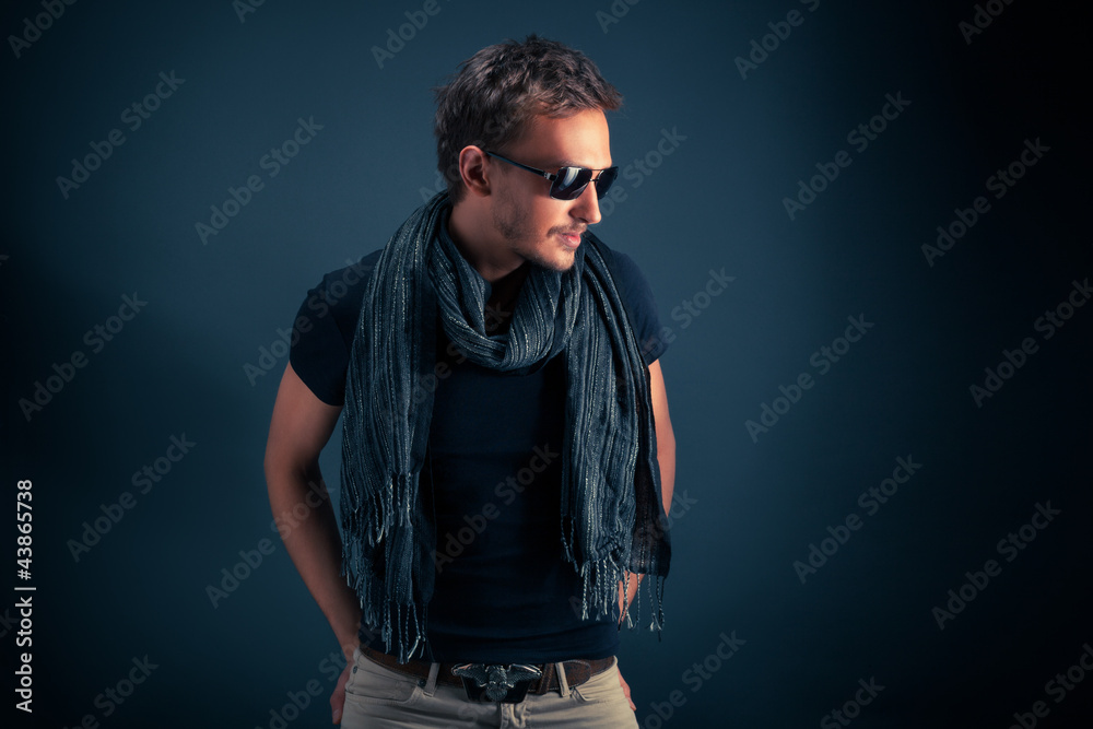 portrait of a handsome guy, wearing sunglasses, Low-key image portrait of a handsome guy, wearing sunglasses, Low-key image