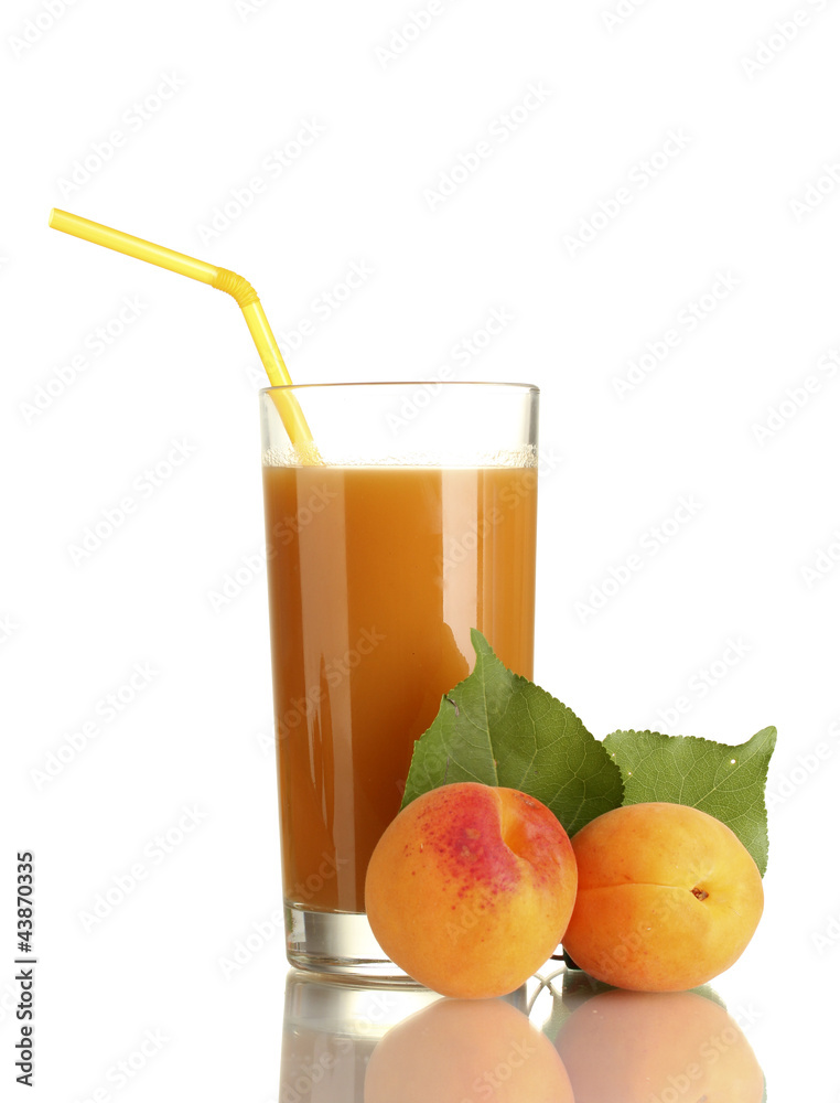 glass of apricot juice and apricots with leaf isolated on white glass of apricot juice and apricots with leaf isolated on white
