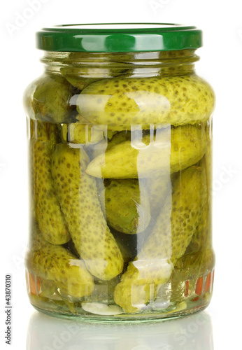 Jar of canned cucumbers isolated on white