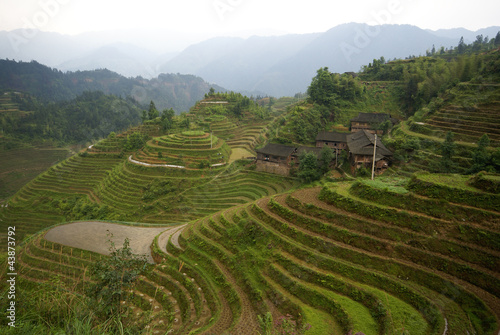 Rice terraces, village, southern China