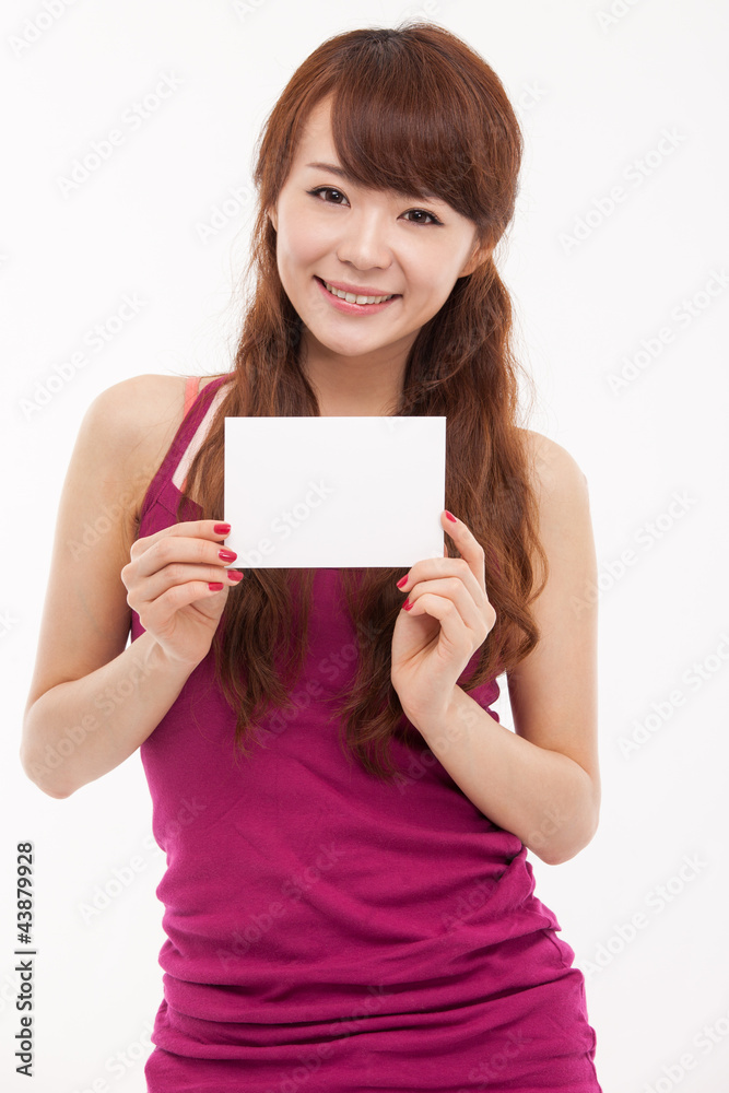 Asian woman showing empty card isolated on white background. Asian woman showing empty card isolated on white background.