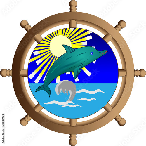 Dolphin in the sea on background of a ship steering wheel