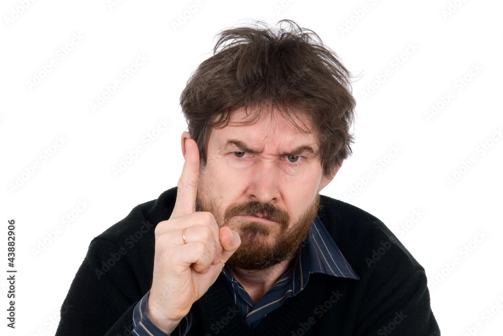 Bearded man threatens with a finger