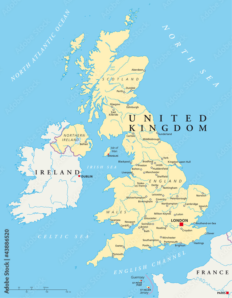 Obraz premium Mapa polityczna Wielkiej Brytanii ze stolicą w Londynie, granicami państwowymi, najważniejszymi miastami, rzekami i jeziorami. Kraj w Europie. Ilustracja z angielską etykietą na białym tle. Wektor.