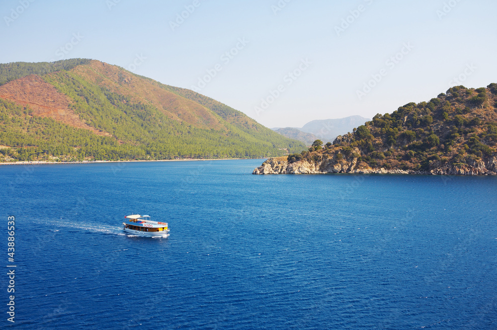 Aegean sea landscape with ship. Turkey. Marmaris.
