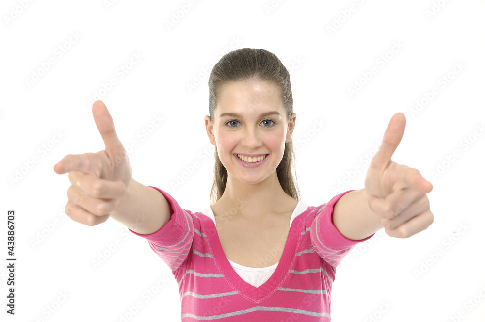happy young woman showing thumbs up happy young woman showing thumbs up