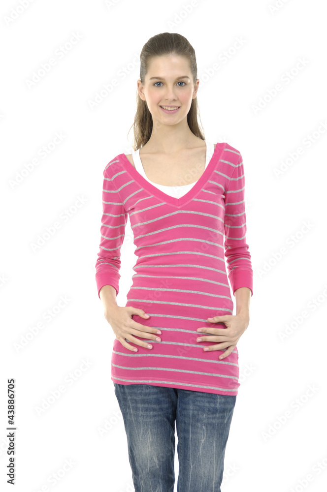 casual woman smiling isolated over a white