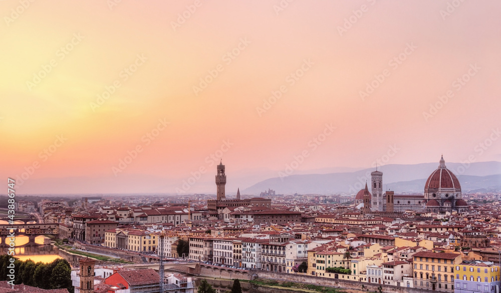Florence city view in the evening pink sunlight