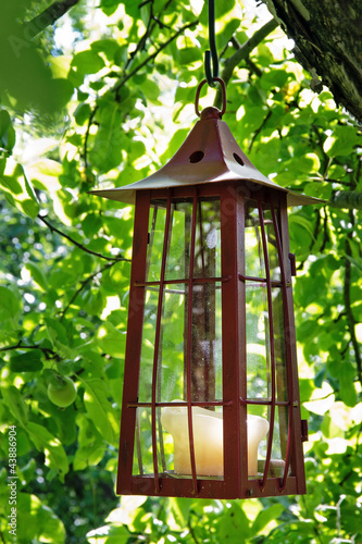 Picturesque candle lantern hanging in an apple tree